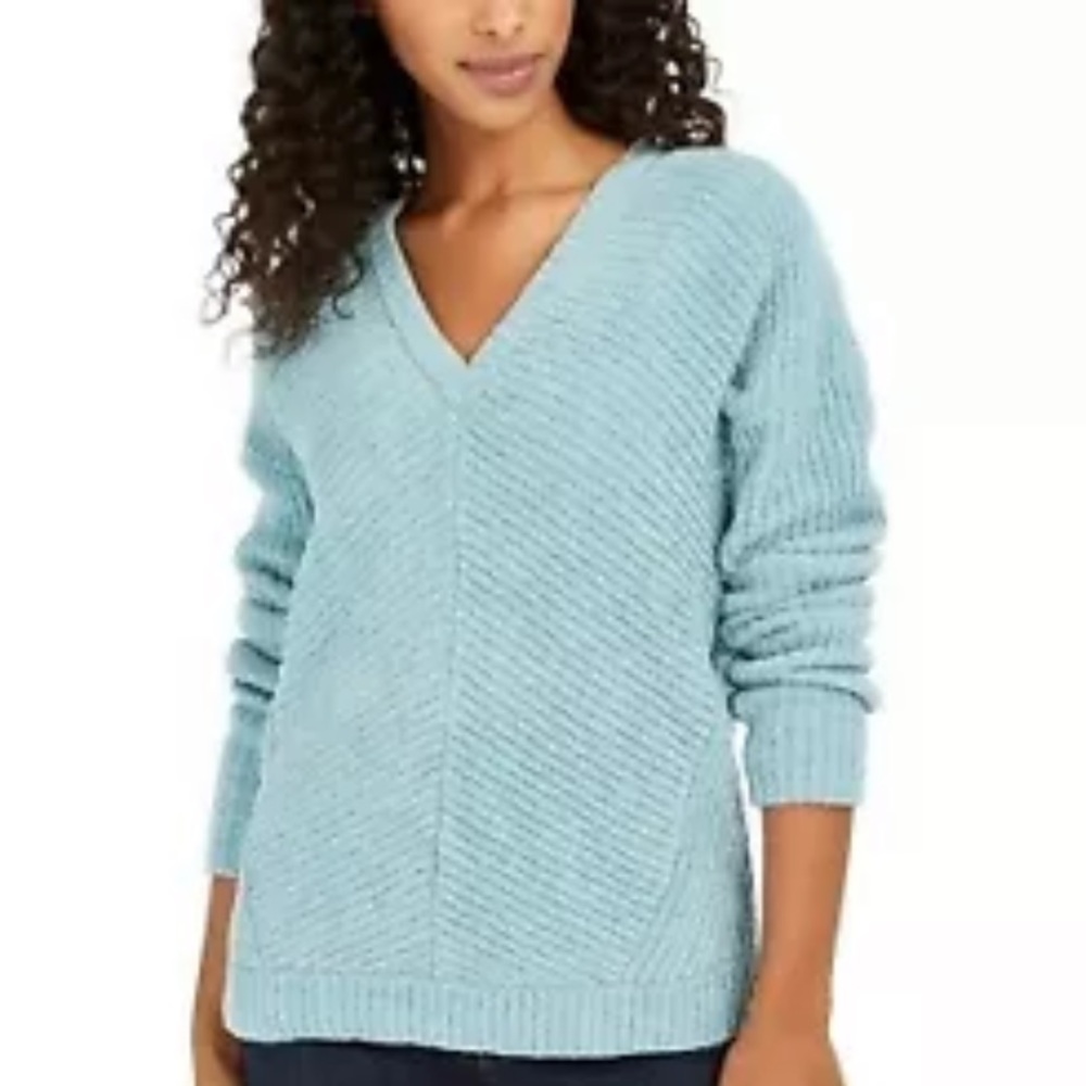 Lucky Brand Women's Chevron Ribbed Chenille Sweater Blue Size X-Small